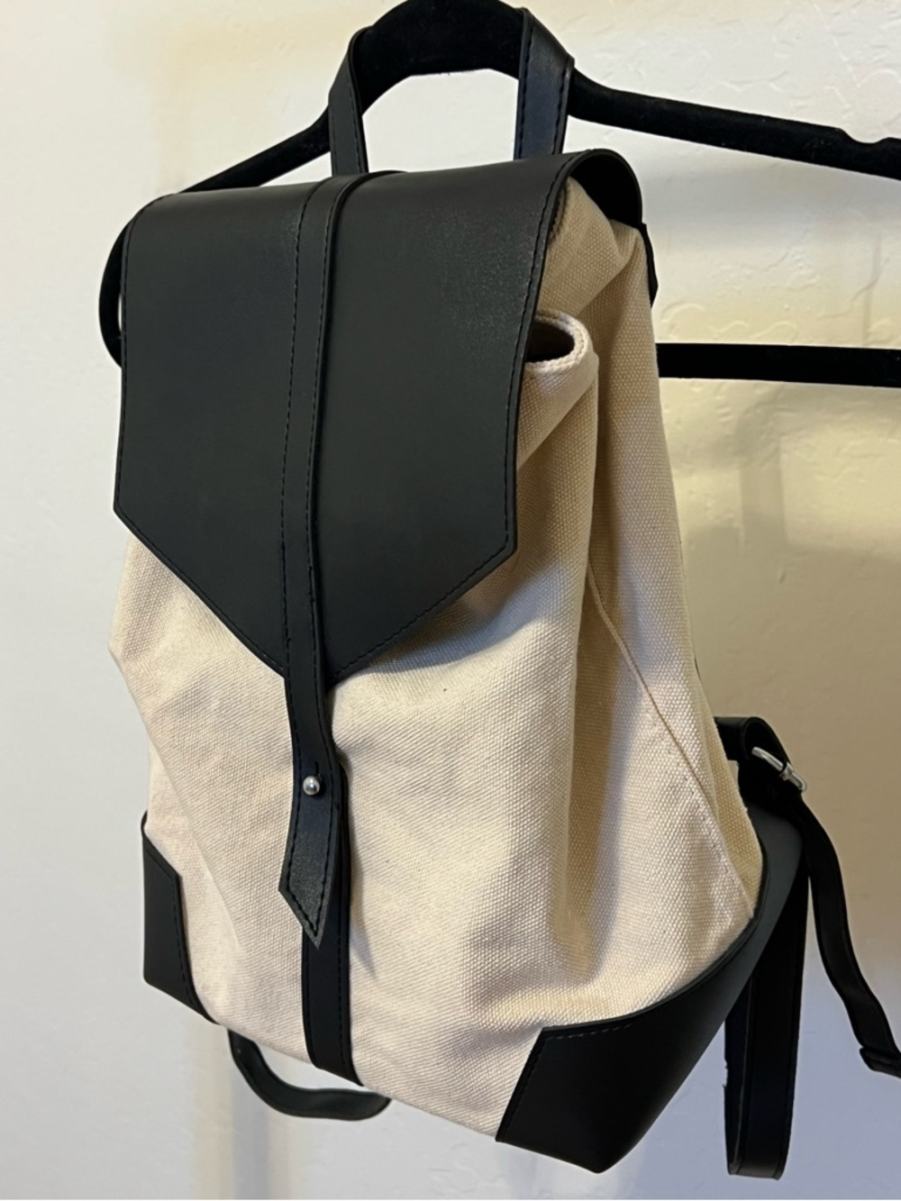 Men’s Canvas and Black Faux Leather Accent Backpack - Cream and Black 
NICE!!